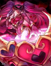  alternate_costume bodysuit breasts dj dj_sona female gloves headphones heart helmet instrument league_of_legends lips long_hair medium_breasts nips_(ohnips) pink_theme solo sona_(league_of_legends) sweetheart_sona twintails very_long_hair visor white_gloves 