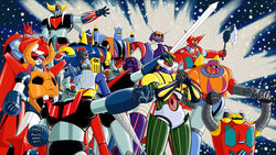  1970s_(style) absurdres axe cape commentary creator_connection crowd drill gaiking gaiking_(dmg) gakeen getter-1 getter-2 getter-3 getter_dragon getter_liger getter_poseidon getter_robo getter_robo_g great_mazinger great_mazinger_(robot) grendizer groizer_x groizer_x_(mecha) highres horns koutetsu_jeeg koutetsu_jeeg_(mecha) magne_robo_gakeen mazinger_(series) mazinger_z mazinger_z_(mecha) mecha mecha_focus nagai_gou_(style) official_style photoshop_(medium) retro_artstyle robot science_fiction super_robot sword ufo_robo_grendizer weapon zer013 