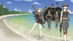  3boys 3girls aav7 amphibious_ground_vehicle assault_rifle barefoot beach black_hair blonde_hair bucket_hat camouflage chinese_commentary commentary_request day etmc1992 gloves gun hat helmet holster holstered light_machine_gun load_bearing_vest m16 m16a4 m4_carbine military multiple_boys multiple_girls original outdoors pants pants_rolled_up rifle short_hair short_shorts shorts sky stretching sunglasses tank_top united_states_marine_corps unworn_headwear unworn_helmet wading weapon 