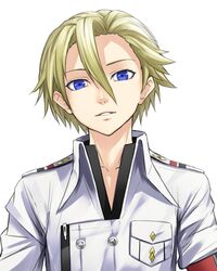  1boy blonde_hair blue_eyes breast_pocket buttons close-up commentary daryl_yan guilty_crown hair_between_eyes high_collar highres jacket looking_at_viewer male_focus military military_jacket military_uniform parted_lips pocket simple_background smile solo sugi_214 uniform white_background 