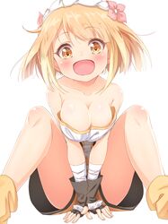  :d bandaged_arm bandages bare_shoulders between_legs black_gloves black_shorts blonde_hair blush breasts brown_eyes cleavage collarbone commentary endro! fai_fai feet_out_of_frame female fingerless_gloves flower gloves hair_flower hair_ornament hand_between_legs head_tilt large_breasts matokechi open_mouth pink_flower short_shorts shorts simple_background sitting smile solo spread_legs white_background 