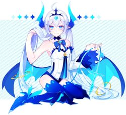  +_+ armored_boots asymmetrical_sleeves blue_eyes blue_footwear blue_horns blue_neckwear blue_panties blue_thighhighs blue_wings boots choker closed_mouth commentary_request demon_wings detached_sleeves diadem elsword female hand_in_own_hair horns knee_boots long_hair long_sleeves looking_at_viewer luciela_r._sourcream misusugi noblesse_(elsword) panties single_sleeve smile solo strapless striped striped_background thighhighs twintails underwear uneven_sleeves very_long_hair white_background white_hair white_sleeves wings 