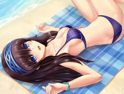  beach bikini black_hair blanket blue_bikini blue_eyes blush breasts commentary_request female greave_(asterism) hairband idolmaster idolmaster_cinderella_girls long_hair looking_at_viewer medium_breasts plaid plaid_bikini plaid_blanket sagisawa_fumika solo swimsuit 