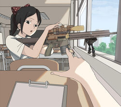  absurdres battle_rifle bipod black_eyes black_hair bow classroom commentary etmc1992 female gun h&amp;k_hk417 hairbow highres holding holding_gun holding_weapon original ponytail pov rifle scope solid_eyes solo_focus weapon window 