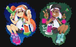  2girls 3d_rod! aqua_footwear artist_name baseball_cap bike_shorts black_shorts blunt_bangs closed_mouth commentary cross-laced_footwear dark-skinned_female dark_skin dual_wielding english_commentary grin hat headphones holding holding_weapon ink_tank_(splatoon) inkling inkling_girl inkling_player_character logo long_hair multiple_girls orange_eyes orange_hair pink_footwear pointing pointing_up purple_hair shirt shoes short_hair short_sleeves shorts single_vertical_stripe sleeveless sleeveless_shirt smile sneakers splat_dualies_(splatoon) splatoon_(series) splatoon_1 splatoon_2 splattershot_(splatoon) t-shirt twitter v weapon white_shirt 