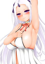  arm_up armpits bad_id bad_pixiv_id blush breasts closers female highres huge_breasts levia_(closers) long_hair looking_at_viewer mapar photoshop_(medium) purple_eyes sideboob simple_background solo white_background white_hair 