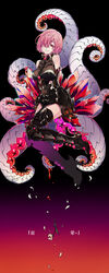  armored_boots armored_leotard black_footwear black_leotard bookcage boots commentary_request detached_sleeves fate/grand_order fate_(series) female full_body grin hair_over_one_eye head_tilt high_heel_boots high_heels highres leotard mash_kyrielight petals pink_hair red_eyes short_hair smile solo 