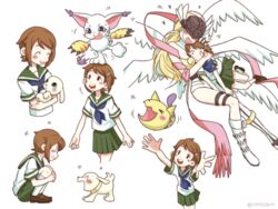  2girls angewomon bad_link between_breasts blush_stickers boots breasts brown_eyes brown_hair commentary covered_eyes digimon digimon_(creature) digimon_adventure_tri. evolutionary_line friedbun hair_ornament hairclip highres hug kneehighs multiple_girls nyaromon oerba_yun_fang plotmon school_uniform serafuku short_hair smile socks tailmon teeth white_legwear yagami_hikari 