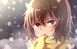  :o blush boku_dake_ga_inai_machi brown_eyes brown_hair commentary_request female hair_between_eyes hinazuki_kayo mirei_kh13 open_mouth scarf short_hair snow snowing solo upper_body yellow_scarf 