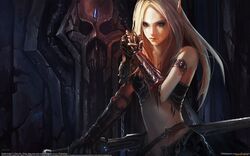  armor blonde_hair blood blood_elf_(warcraft) chenbo death_knight_(warcraft) female gloves grey_eyes highres long_hair navel player_character_(wow) pointy_ears signature skull solo sword warcraft watermark weapon web_address world_of_warcraft 