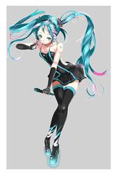  aoi_takeru aqua_eyes aqua_hair boots commentary_request elbow_gloves female fingerless_gloves full_body gloves grey_background hatsune_miku headset highres leaning_forward long_hair microphone partial_commentary skirt solo tattoo thigh_boots thighhighs twintails very_long_hair vocaloid 