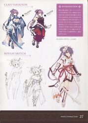  absurdres aquaplus armor breasts cleavage concept_art dungeon_travelers_2 female gauntlets highres holding holding_weapon houzouji_yae japanese_clothes jewelry kokonoka large_breasts line_art long_hair mask multiple_views necklace purple_hair red_eyes reference_sheet scan shield simple_background sword translation_request weapon 