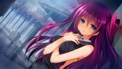  blue_eyes front_wing game_cg innocent_girl long_hair nanaca_mai ousaka_kanae rain red_hair water wet 