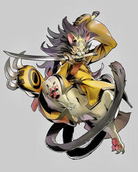  angry arc_system_works asian_mythology beastkin blazblue bottomless claws clothed clothing east_asian_mythology feet felid hair hi_res japanese_mythology jeacn jubei_(blazblue) kaka_(blazblue) male mammal melee_weapon mythology paws pose samurai simple_background solo sword warrior weapon yokai 
