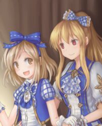  2girls :d alternate_costume blonde_hair blue_ribbon bow brown_eyes commentary_request djeeta_(granblue_fantasy) empty_eyes gloves granblue_fantasy hair_between_eyes hair_ribbon hairbow holding_hands idol kimi_to_boku_no_mirai kotatsu_(dearbit) long_hair looking_at_another multiple_girls open_mouth ponytail puffy_short_sleeves puffy_sleeves red_eyes ribbon short_sleeves sidelocks smile vest vira_(granblue_fantasy) white_gloves 