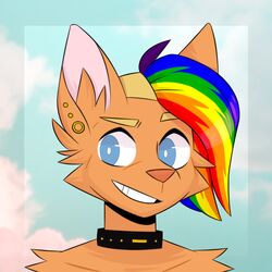  1:1 2019 anthro blue_eyes canid canine canis choker collar digideer_(artist) digital_media_(artwork) domestic_cat ear_piercing felid feline felis fur hair hi_res jewelry lgbt_pride looking_at_viewer male mammal mia_dyke_(character) multicolored_hair necklace piercing pride_color_hair pride_colors rainbow rainbow_hair rainbow_pride_colors simple_background six-stripe_rainbow_pride_colors smile solo sparklefur wolf wolky 