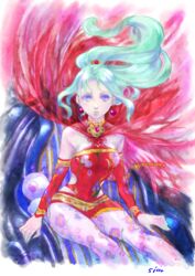  breasts cape capelet commentary_request detached_sleeves dress earrings elbow_gloves female final_fantasy final_fantasy_vi gloves green_hair jewelry long_hair moogle pantyhose ponytail print_pantyhose purple_eyes sio2_(nisankakeiso) small_breasts solo terra_branford 