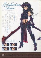  absurdres aquaplus armor bare_shoulders bou_(inubou) concept_art dungeon_travelers_2 elbow_gloves female gauntlets gloves grisherina_efleanor highres holding long_hair looking_at_viewer multiple_views pelvic_curtain reference_sheet revealing_clothes scan simple_background standing thighhighs translation_request weapon 