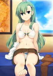  bare_legs bare_shoulders barefoot bikini blouse breasts brown_legwear brown_skirt cleavage collarbone commentary eyebrows female green_eyes green_hair hair_between_eyes hair_ornament hairclip highres kantai_collection long_hair looking_at_viewer medium_breasts navel open_clothes panties pantyshot photoshop_(medium) pleated_skirt shirt sitting skirt smile solo sorano_(12gou) suzuya_(kancolle) swimsuit underboob underwear white_bikini white_shirt 