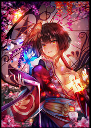  absurdres black_border border breasts brown_eyes brown_hair cleavage commentary_request convenient_censoring cup female fish flower goldfish hair_ornament hand_on_own_chest highres japanese_clothes kagura_(onmyoji) kimono luminous off_shoulder onmyoji parasol photoshop_(medium) sakazuki saliva short_hair solo spill standing umbrella upper_body 