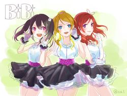  &gt;:) 3girls :d \m/ ayase_eli bad_id bad_pixiv_id bibi_(love_live!) black_hair blonde_hair blush double_\m/ gloves group_name highres hotoke_(zz_orz) long_hair love_live! love_live!_school_idol_project multiple_girls nishikino_maki open_mouth purple_eyes red_hair smile twitter_username v-shaped_eyebrows yazawa_nico 