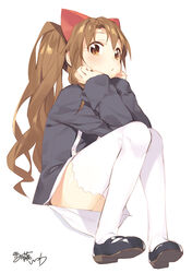  aloe_(quiz_magic_academy) blush brown_eyes brown_hair female katou_itsuwa long_hair looking_at_viewer mary_janes quiz_magic_academy shoes simple_background sitting solo thighhighs twintails white_background white_thighhighs 