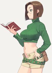  belt belt_pouch book breasts brown_hair commentary_request crop_top female fingernails glasses green_eyes green_sweater hand_on_own_hip holding holding_book kamo_kamen large_breasts long_fingernails long_sleeves loose_belt midriff mimoza_lorange navel pouch ribbed_sweater short_hair shorts simple_background smile solo summon_night summon_night_2 sweater turtleneck white_background 