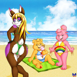  1:1 absurd_res anthro beach bikini camel_toe care_bear_cousins care_bears cheer_bear clothing dessert domestic_pig female food g-string group hi_res hybrid ice_cream lagomorph leporid mammal on_towel onzeno rabbit sally_lauderdale seaside slim smile suggestive_pose suid suina sus_(pig) swimwear towel treat_heart_pig underwear 