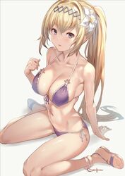  arm_support bad_id bad_twitter_id bikini blonde_hair blue_eyes breasts collarbone commentary female flower front-tie_bikini_top front-tie_top granblue_fantasy grey_background hair_flower hair_ornament hairband halterneck hand_up jeanne_d&#039;arc_(granblue_fantasy) jeanne_d&#039;arc_(summer)_(granblue_fantasy) large_breasts long_hair looking_at_viewer navel official_alternate_costume parted_lips ponytail purple_bikini sandals side-tie_bikini_bottom simple_background sitting sola_(solo0730) solo swimsuit very_long_hair wariza 