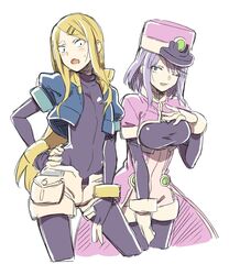  2girls aile_(mega_man_zx) aile_(mega_man_zx)_(cosplay) black_bodysuit blonde_hair blue_jacket blush bodysuit bodysuit_under_clothes breasts coat cosplay cowboy_shot cropped_jacket dagashi_kashi endou_saya flat_chest green_eyes hat jacket large_breasts long_hair medium_hair mega_man_(series) mega_man_zx multiple_girls one_eye_closed open_clothes open_jacket pink_hair prairie_(mega_man) prairie_(mega_man)_(cosplay) purple_hair red_coat shako_cap shidare_hotaru shigehiro_(hiroi_heya) shorts simple_background white_background white_shorts 