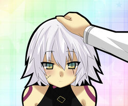  1boy bare_shoulders blush commentary_request fate/apocrypha fate/grand_order fate_(series) female fujimaru_ritsuka_(male) green_eyes hand_on_another&#039;s_head headpat jack_the_ripper_(fate/apocrypha) matsudora124 scar short_hair solo_focus white_hair 