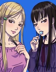  2girls aged_up bad_id bad_pixiv_id black_hair blonde_hair brown_eyes candy dress eating food hair_ornament hairclip hidaka_koharu high_score_girl hime_cut lips lollipop long_hair looking_at_viewer multiple_girls naughty_face oono_akira smile yamashita_shun&#039;ya 