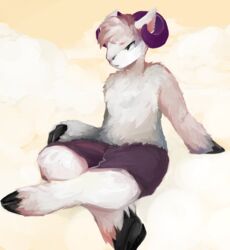  abstract_background bottomwear bovid caprine clothed clothing cloven_hooves fawnsdraws fur hair hooves male mammal pants short_hair solo topless white_body white_fur 