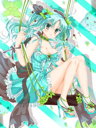  :o ahoge aqua_dress aqua_footwear aqua_ribbon black_ribbon breasts choker cleavage commentary_request dress female fuyukichi_(nikoniko1567) green_hair hair_ornament hair_ribbon high_heels highres knees_together_feet_apart knees_up leaf leaf_hair_ornament looking_at_viewer medium_breasts original ponytail red_eyes ribbon shadow shoes short_hair solo stiletto_heels striped_background striped_clothes striped_dress swing transparent_ribbon wrist_ribbon 