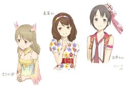  3girls belt black_eyes black_hair blush brown_eyes brown_hair character_name commentary_request dated drill_hair floral_print hair_ornament hairband hat idolmaster idolmaster_cinderella_girls kawashina_(momen_silicon) light_brown_hair mini_hat morikubo_nono multiple_girls nagatomi_hasumi otokura_yuuki short_hair simple_background smile translated very_short_hair white_background 