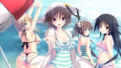  4girls arms_up ass back backboob bare_shoulders beach bikini blonde_hair blue_eyes blue_hair blush bracelet breasts brown_hair cleavage game_cg happy hapymaher hapymaher:_fragmentation_dream hasuno_saki hat highres hirasaka_keiko jewelry koku large_breasts legs long_hair looking_at_viewer multiple_girls open_mouth parasol pink_eyes red_eyes short_hair sideboob small_breasts smile standing swimsuit thighs toriumi_yuuko tsukimori_hiro umbrella water wink yayoi_b_lutwidge 