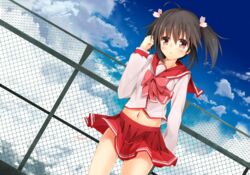  bad_id bad_pixiv_id brown_hair dutch_angle female fence minari_(minari37) navel outdoors school_uniform serafuku short_hair skirt solo to_heart_(series) to_heart_2 twintails yuzuhara_konomi 