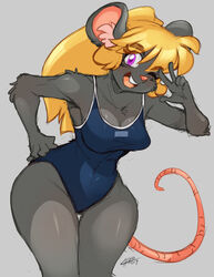  2019 anthro blonde_hair breasts chalo clothing female fur gesture grey_background grey_body grey_fur hair hand_gesture hand_on_hip las_lindas long_hair looking_at_viewer mammal mouse murid murine one-piece_swimsuit one_eye_closed open_mouth purple_eyes rodent school_swimsuit signature simple_background solo standing swimwear tail tootsie v_sign wide_hips 