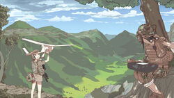  2girls aircraft assault_rifle baseball_cap binoculars bucket_hat camouflage commentary drone etmc1992 glider gloves gun hat headset highres landscape load_bearing_vest m4_carbine mountainous_horizon multiple_girls original outdoors photoshop_(medium) rifle short_shorts shorts sitting sky tree unworn_hat unworn_headwear weapon 