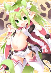  :d animal_ear_fluff animal_ears arm_up azur_lane bell blush breasts claw_pose commentary egasumi eyebrows_hidden_by_hair female fuuna_thise green_eyes green_hair green_tail hair_bell hair_between_eyes hair_ornament hand_up isokaze_(azur_lane) isokaze_(new_year&#039;s_campaign)_(azur_lane) jewelry jingle_bell long_hair magatama magatama_necklace navel necklace oerba_yun_fang open_mouth pleated_skirt short_sleeves skirt small_breasts smile solo stomach tail thick_eyebrows thighhighs very_long_hair white_skirt white_thighhighs wide_sleeves 