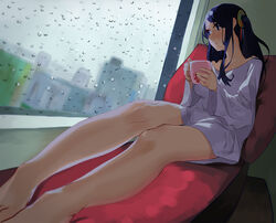  bare_legs barefoot beijuu blue_eyes blue_hair blurry collarbone commentary couch cup depth_of_field dress_shirt feet female foreshortening holding holding_cup indoors krt_girls legs long_hair looking_outside looking_to_the_side mug one_side_up perspective photoshop_(medium) rain shirt sitting solo steam water_drop window xiao_qiong 