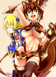  2girls abs animal_ears antenna_hair arm_up armpits arrow_(symbol) bad_id bad_pixiv_id blazblue blazblue:_chronophantasma blonde_hair blush_stickers boots breast_envy breasts brown_eyes brown_hair buck_teeth dual_wielding fingerless_gloves gloves green_eyes hairpods highleg highleg_panties highres holding jitome large_breasts long_hair makoto_nanaya microskirt midriff multicolored_hair multiple_girls navel noel_vermillion notequal_hath open_mouth panties round_teeth skirt squirrel_ears squirrel_girl squirrel_tail tail teeth thigh_boots thighhighs two-tone_hair underboob underwear 