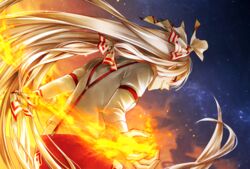  bad_id bad_pixiv_id female fire from_behind fujiwara_no_mokou goshi-san hair_ribbon long_hair night night_sky red_eyes ribbon sky smirk solo suspenders touhou very_long_hair white_hair 