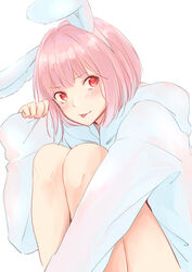  :p animal_ears bad_id bad_pixiv_id blush bob_cut closed_mouth commentary_request female hand_up hood hood_down hoodie legs_together looking_at_viewer original pink_hair rabbit_ears red_eyes short_hair simple_background sitting solo teti tongue tongue_out white_background 