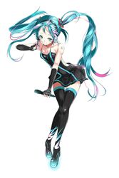  aoi_takeru aqua_eyes aqua_hair boots commentary_request elbow_gloves female fingerless_gloves full_body gloves hatsune_miku headset highres leaning_forward long_hair microphone partial_commentary simple_background skirt smile solo tattoo thigh_boots thighhighs twintails very_long_hair vocaloid white_background 