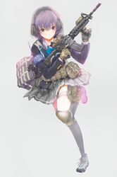  armband asato_miyo assault_rifle bag binoculars black_socks commentary_request female full_body fuyuno_haruaki gloves gun headset highres holster knee_pads legs little_armory load_bearing_vest m4_carbine purple_eyes purple_hair rifle school_uniform short_hair socks solo thigh_holster weapon 