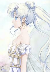  bare_shoulders bishoujo_senshi_sailor_moon blue_eyes collarbone commentary_request crescent crescent_facial_mark crown dated double_bun dress earrings facial_mark female forehead_mark hair_bun heart_crown highres jewelry kem_kem long_hair neo_queen_serenity profile signature smile solo strapless strapless_dress tsukino_usagi twintails upper_body white_background white_crown white_dress white_hair white_theme 