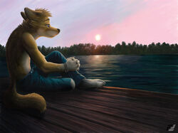  2010 anthro biped canid canine canis clothed clothing digital_media_(artwork) domestic_dog fluke fur lake male mammal outside peaceful plant sad sitting solo sun sunset topless tree 