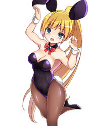  absurdres animal_ears ariel_(elsword) armpits bare_shoulders black_footwear black_leotard blonde_hair blush bow bowtie breasts brooch brown_pantyhose cleavage collarbone commentary_request detached_collar elsword fake_animal_ears female hands_up high_heels highres jewelry leg_up leotard long_hair looking_at_viewer medium_breasts open_mouth pantyhose playboy_bunny ponytail rabbit_ears rabbit_tail red_bow red_bowtie ribbon shoes simple_background smile solo standing standing_on_one_leg tail very_long_hair white_background wrist_cuffs zetsuei_(zetto) 