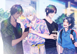  4boys :d backpack bag belt black_hair blue_shirt blurry blurry_background brown_eyes casual cellphone commentary_request contemporary dark_skin denim drink drinking drinking_straw hair_between_eyes hair_over_one_eye holding_strap kurakichi36 looking_at_another male_focus multiple_boys ookurikara open_mouth orange_eyes outdoors pants parted_lips phone ponytail shirt shokudaikiri_mitsutada smartphone smile standing taikogane_sadamune touken_ranbu tsurumaru_kuninaga white_hair wristband 